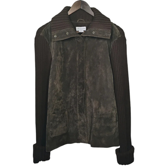 Kim Rogers Suede Leather Jacket Womens XL Brown Ribbed Knit Fisherman Preppy - Picture 14 of 14